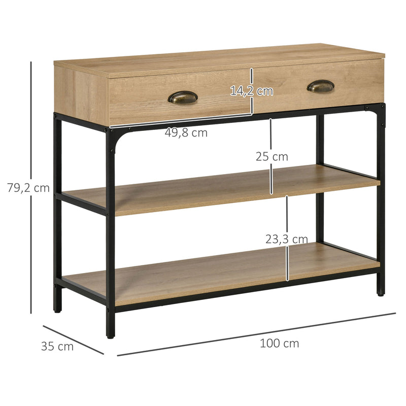 Mesa Consola Mesa de Entrada Estreita com 2 Gavetas e 2 Prateleiras de Armazenamento Estrutura de Aço para Corredor Entrada Sala de Estar 100x35x79,5cm Carvalho e Preto