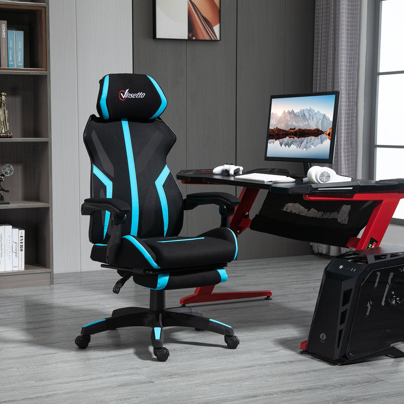 Cadeira de Gaming com Apoio para os Pés Retrátil Cadeira de Escritório Reclinável com Apoio para a Cabeça e Altura Ajustável 65x65x119-129cm Preto e Azul