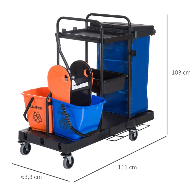 Carro de Limpeza Professional com Escorredor de Alavanca com 3 Prateleiras e 2 Baldes de 18L Bolsa com Tampa Rodas 111x63,3x103cm Preto Azul e Laranja