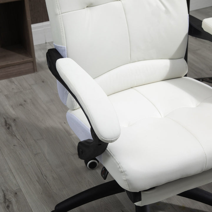 Cadeira de escritório ergonômica giratória com função de inclinação altura ajustável Apoio de braço e apoio para os pés em couro sintético 65x65x114-124 cm Branco