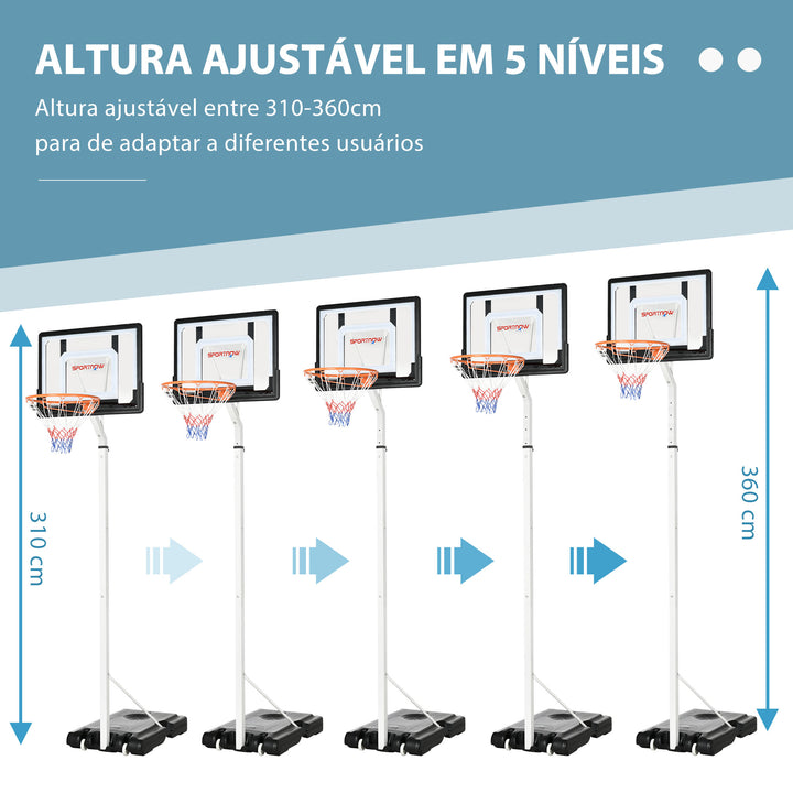 Cesta de Basquetebol com Rodas Altura Ajustável 260-305cm Cesta de Basquetebol Portátil com Tabela de PVC e Base para Exteriores 90x83x310-360cm Branco