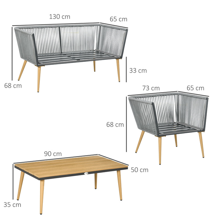 Conjunto de Móveis de Jardim de Vime 4 Peças Conjunto de Jardim com Sofá de 2 Lugares 2 Poltronas e Mesa de Centro com Bancada de Madeira e Plástico para Varanda Pátio Cinza