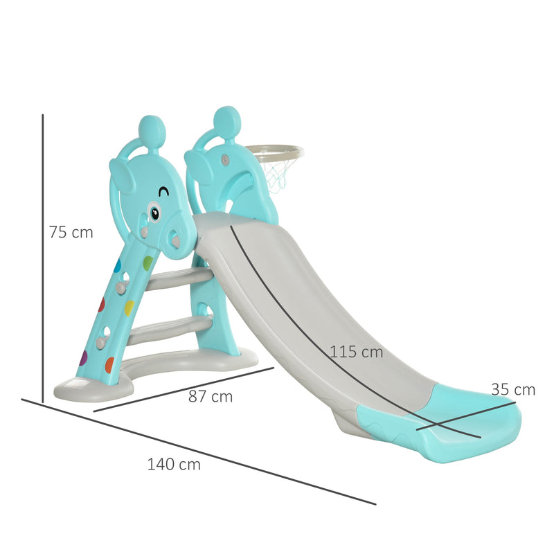 Escorrega Infantil Dobrável com Cesta de Basquetebol para Crianças acima de 18 meses Modelo Girafa para Interiores e Exteriores 140x87x75cm Azul e Cinza