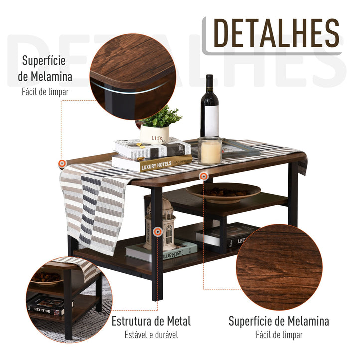 Mesa de centro com 3 prateleiras para sala Sala de estar Estilo vintage 100x60x46 cm Castanho rústico