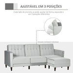 Sofá Cama com Chaise Longue de 3 Lugares Tato Aveludado com Encosto Ajustável e Apoio para os Pés Móvel 218x85x86cm Cinza