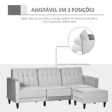 Sofá Cama com Chaise Longue de 3 Lugares Tato Aveludado com Encosto Ajustável e Apoio para os Pés Móvel 218x85x86cm Cinza