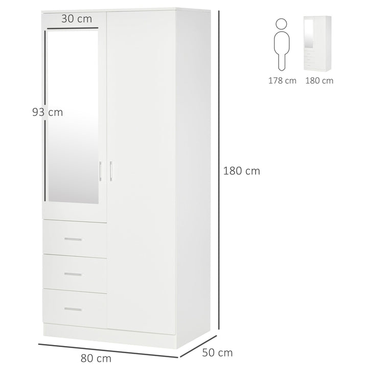 Armário Roupeiro de 2 Portas com Espelho 3 Gavetas Prateleiras Ajustáveis e Barra para Pendurar Incluida Roupeiro para Dormitório 80x50x180cm Branco