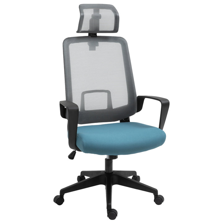 Cadeira de Escritório Ergonômica Giratória com Altura Ajustável Apoio para a Cabeça Apoio para os Braços e Suporte Lombar Reguláveis 63,5x63x116,5-125,5cm Azul e Cinza