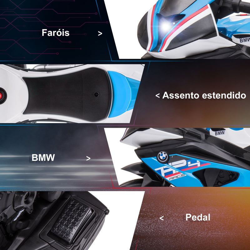 Mota Elétrica BMW HP4 para Crianças Acima de 18 Meses Mota de Bateria 6V com Música USB Velocidade 2,5km/h Avance e Retrocesso Carga Máxima 30kg 82,5x42x54cm Azul