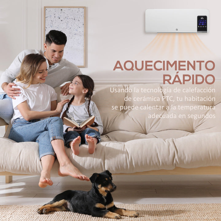Aquecedor Elétrico de Parede 1000W/2000W Aquecedor com Ecrã LED Controlo Remoto Termostato Temporizador para Áreas de 15-20 m² 54,5x12x21,5 cm Branco