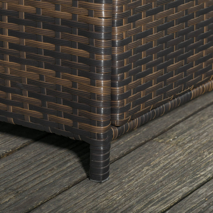 Sofá de Vime de 2 Lugares com Mesas Laterais e Apoio para os Pés com Armazenamento Sofá de Jardim com Encosto Inclinável e Almofadas com Capas Removíveis 130x72x96cm Marrom e Bege
