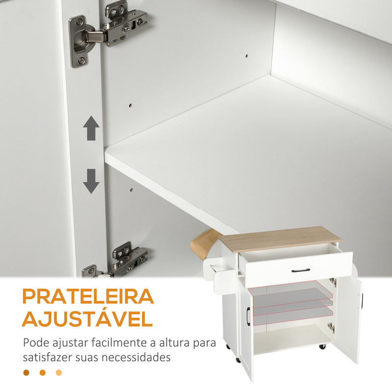 Carrinho de Cozinha com 1 Gaveta 2 Portas Suporte para Panos e Especies Carrinho Auxiliar com Rodas para Sala de Jantar Carga Máxima 105x36x85cm Branco