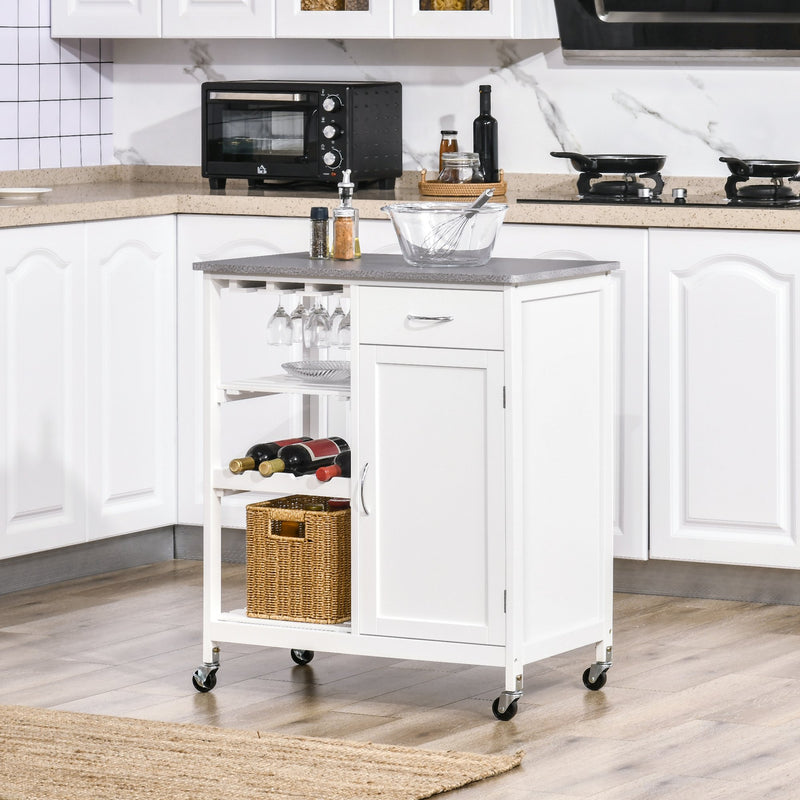 Carrinho de Cozinha com Rodas Carrinho de Cozinha com 1 Gaveta Prateleiras Removíveis Suporte para 4 Garrafas e Armário para Sala de Jantar Sala de Estar Carga 40kg 76x48x88cm Branco e Cinza