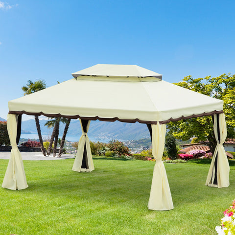 Pérgola de Jardim 4x3m Pérgola de Alumínio com Teto com Ventilação 4 Cortinas Laterais 4 Telas Mosquiteiras e 8 Orifícios de Drenagem para festas Eventos Exterior Creme
