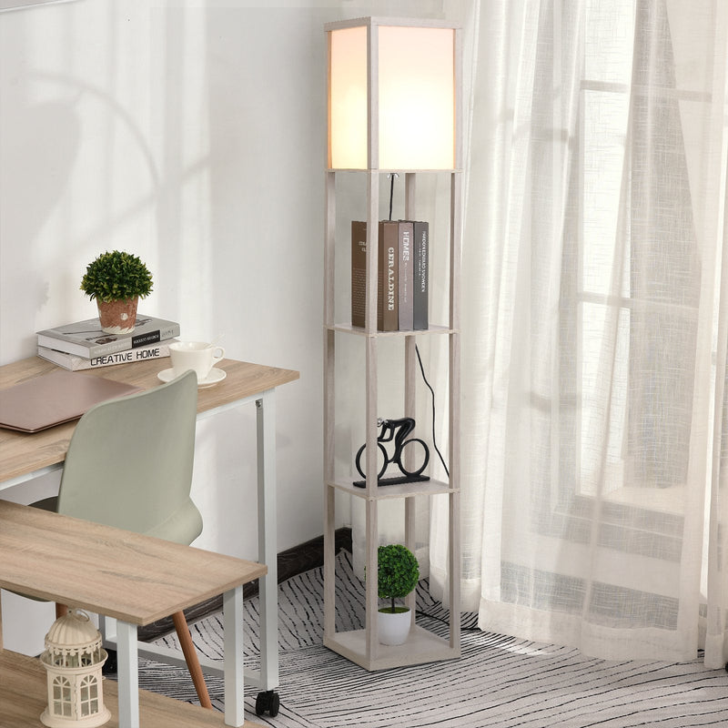 Candeeiro de Pé de Madeira com 3 Prateleiras De Armazenamento para Lâmpada E27 Potência Máx. 40W Candeeiro Moderno para Sala de Estar Dormitório 26x26x160cm Carvalho e Branco