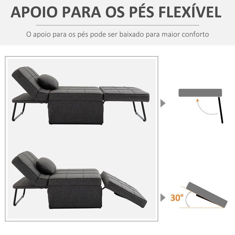 Sofá Cama Individual 3 em 1 Estofado em Linho Sofá Reclinável em 5 Posições com Apoio para os Pés e Apoio para a Cabeça para Sala de Estar Carga Máxima 200kg 95x189x43cm Cinza