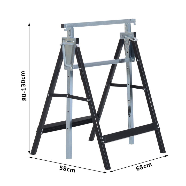 Conjunto de 2 Andaimes Cavalete telescópico Altura Ajustável Dobrável Metálico Quadrado Estável Carga 200kg Aço 68x58x80-130 cm Preto