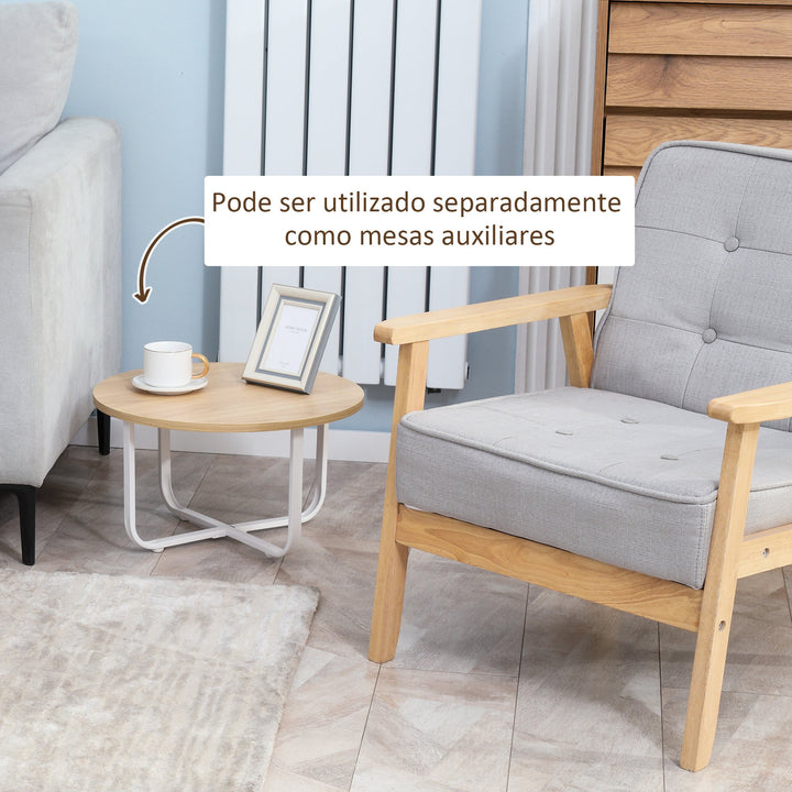 Conjunto de 2 Mesas de Centro Ø65x32cm e Ø45x26cm Mesas de Sala de Estar Redondas com Bancada de Madeira e Pés de Metal para Dormitório Madeira e Branco