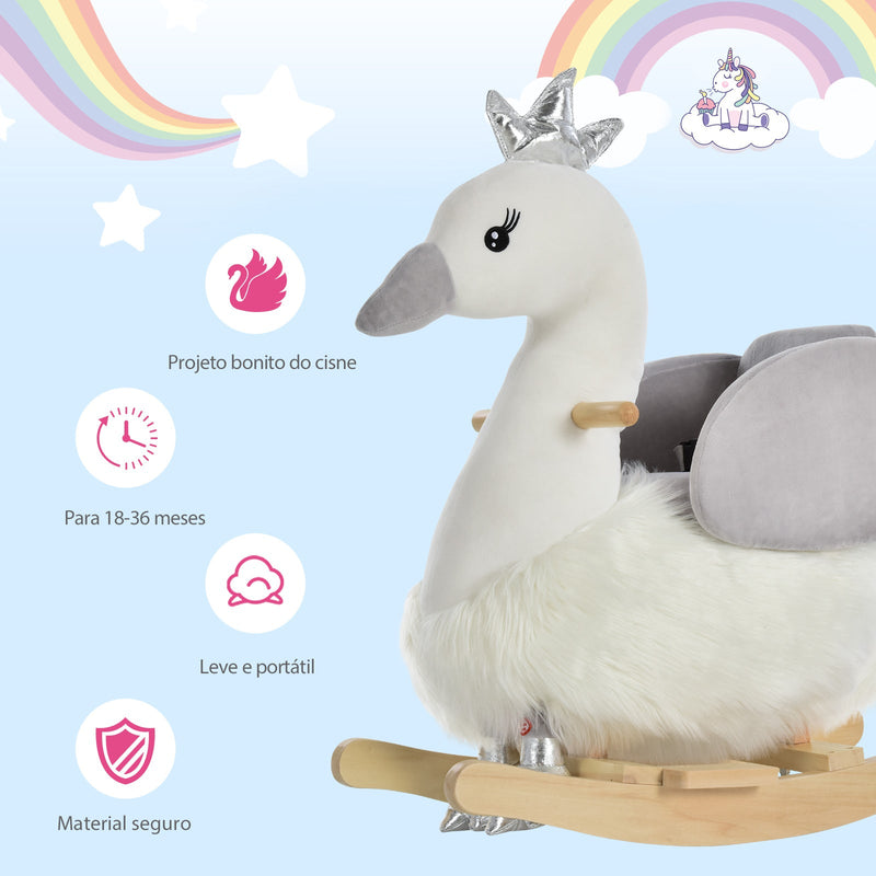 Cavalo de balanço para bebê acima de 18 meses em forma de cisne com som 60x33x59 branco e cinza