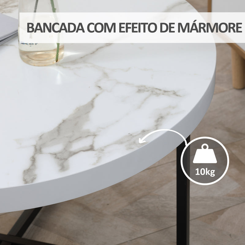 mesa de Centro Mesa de Sala de Estar Redonda com Bancada Similar ao Mármore e Estrutura de Metal para Escritório Estilo Moderno 80x80x45cm Branco e Preto