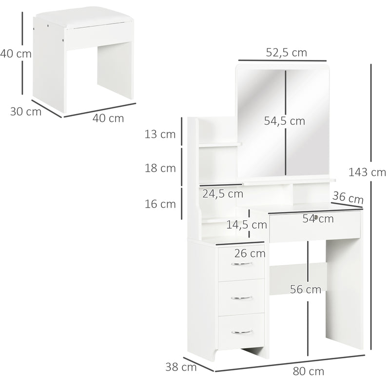 Toucador de Maquilhagem com Banco e Espelho Mesa de Maquilhagem com 4 Gavetas 4 Compartimentos de Armazenamento Estilo Moderno 80x38x143cm Branco