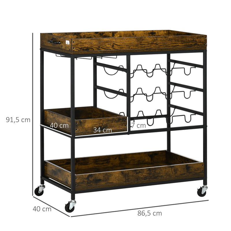 Carrinho de Cozinha Industrial Carrinho Auxiliar com Rodas Suporte para 12 Garrafas Suporte para 6 Taças e 3 Prateleiras de Armazenamento para Sala de Estar 86,5x40x91,5cm Marrom Rústico