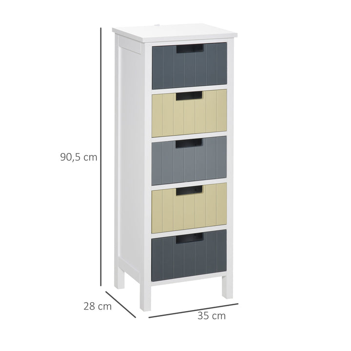 Cómoda de Madeira com 5 Gavetas Cómoda Auxiliar de Armazenamento com Pés Elevados Estilo Moderno para Dormitório Sala de Estar Casa de Banho 35x28x90,5cm Multicor
