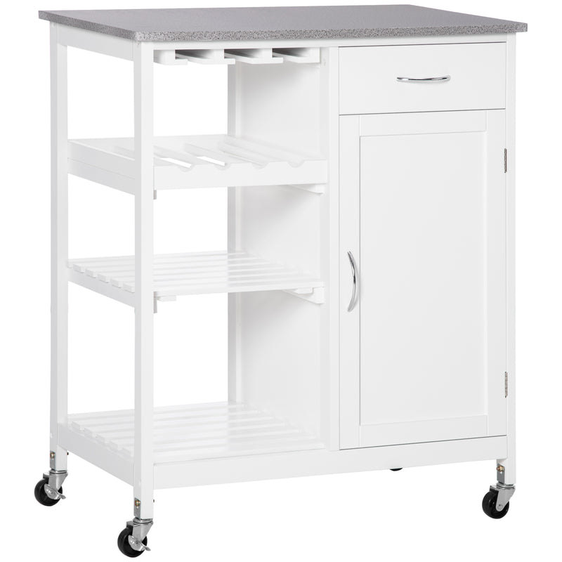 Carrinho de Cozinha com Rodas Carrinho de Cozinha com 1 Gaveta Prateleiras Removíveis Suporte para 4 Garrafas e Armário para Sala de Jantar Sala de Estar Carga 40kg 76x48x88cm Branco e Cinza