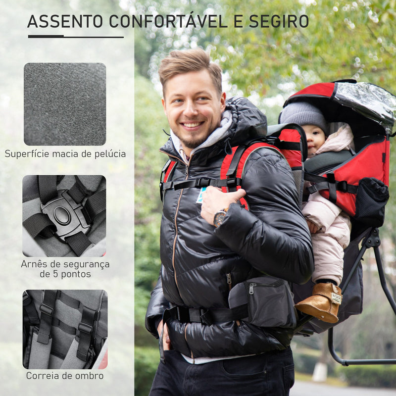 Mochila Porta Bebés Dobrável Mochila Porta Bebés Ergonómica com Capa Impermeável Base de Suporte e Múltiplos Bolsos para 6-36 Meses Carga Máxima 15kg 38x77x87,5cm Vermelho