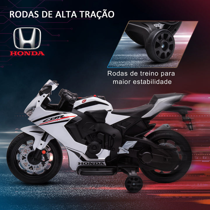 Mota Elétrica com Licença HONDA para Crianças de 3-5 Anos Mota a Bateria 6V com Farol Buzina Música e Rodas Auxiliares Removíveis Carga Máxima 30kg 90x44x52cm Branco
