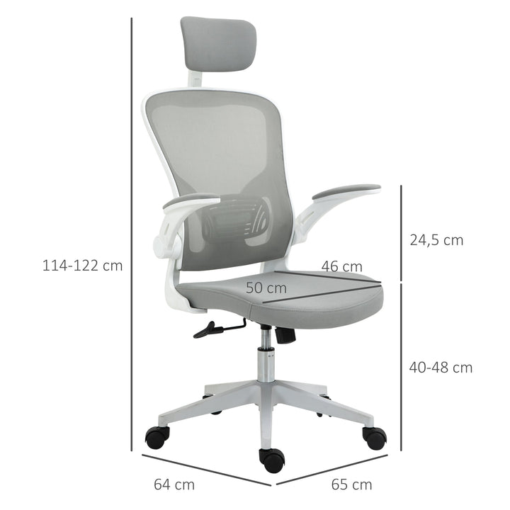 Cadeira de Escritório de Malha Ergonómica Cadeira de Escritório com Altura Ajustável Apoio para os Braços Dobrável Apoio para a Cabeça e Suporte Lombar Ajustáveis 65x64x114-122cm Cinza