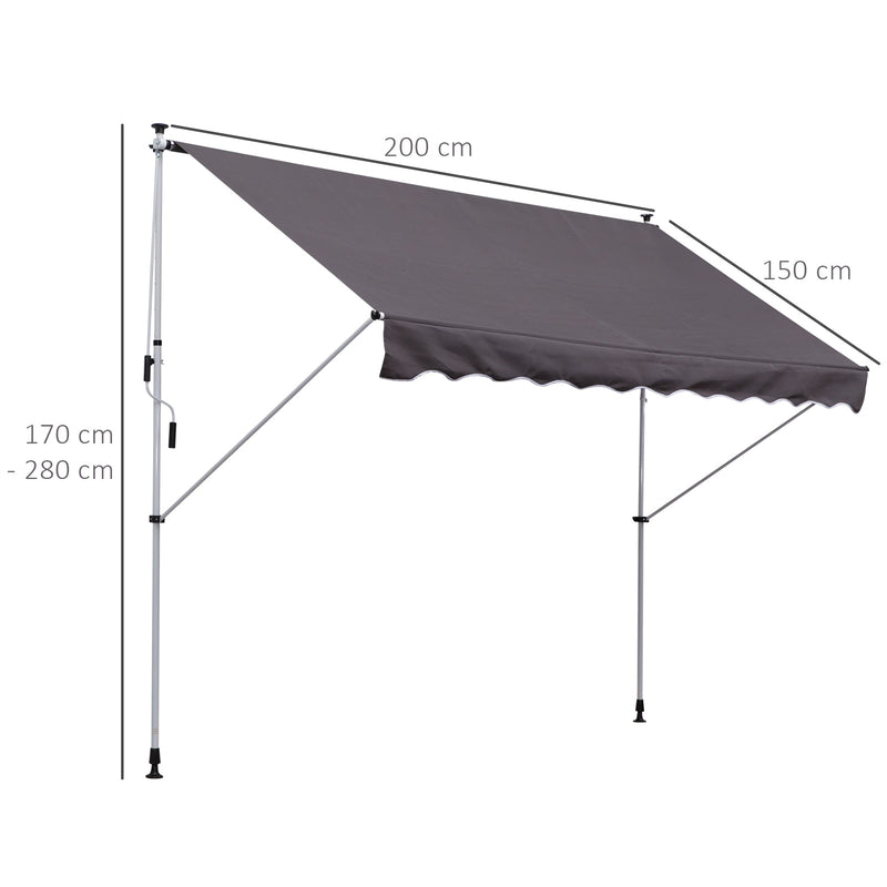 Toldo portátil 200x150x170-280cm Alpendres ou Varandas com Manivela Ajustável Cinza