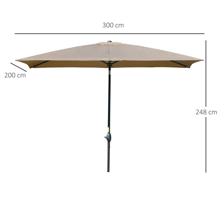 Chapéu de Sol de Jardim 200x300x248 cm Proteção UV50+ Chapéu de Sol de Alumínio Inclinável com Teto de Ventilação e Manivela para Terraço Varanda Exterior Café
