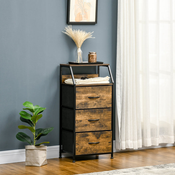 Cómoda com 3 Gavetas de Tecido Dobrável e Prateleira Aberta Móvel de Armazenamento para Escritório Dormitório Estilo Industrial Anti-Tombo 44x29x92cm Marrom Rústico