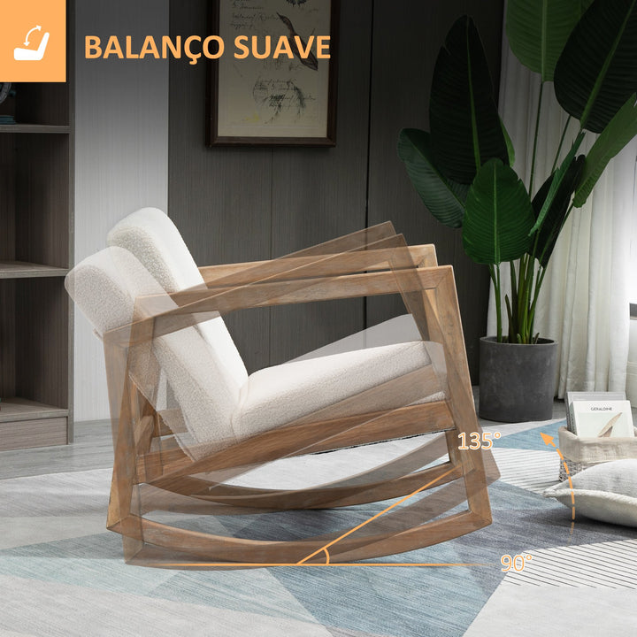 Poltrona Baloiço Estofada em Tecido Polar Poltrona Baloiço com Assento Acolchoado Apoio para os Braços e Pés de Madeira de Borracha para Sala de Estar Dormitório 60x81x71cm Creme