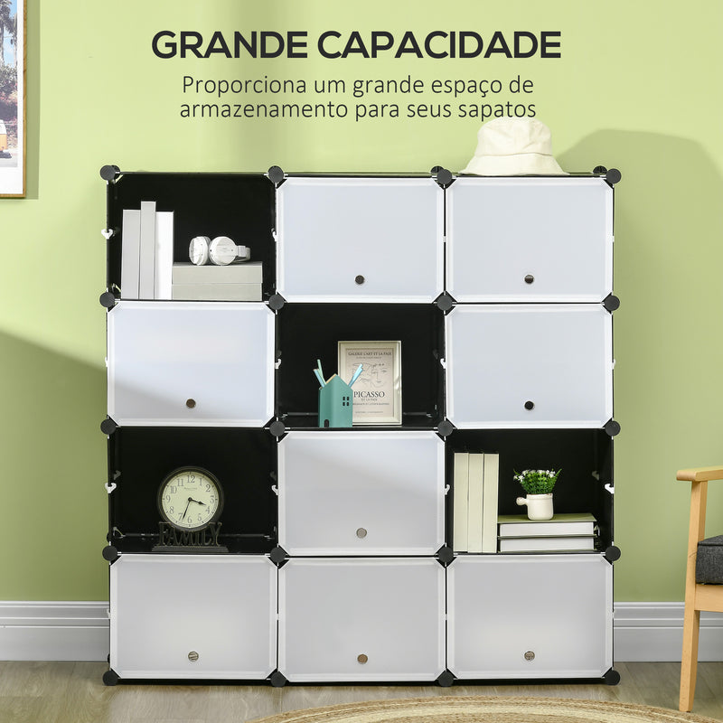 Armário Modular de Plástico Armário Portátil com 12 Cubos Organizadores de Sapatos Roupas Brinquedos para Entrada Corredor Dormitório 125x32x125cm Branco e Preto