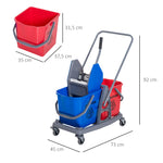 Carro de Limpeza Professional Carro de Limpeza de Metal com 2 Baldes de 25 Litros Removíveis Escorredor Manual e 4 Rodas 73x45x92cm Vermelho e Azul