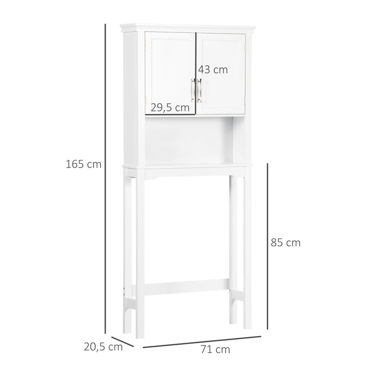 Armário sobre Sanita Armário Alto para Lavadora com 2 Portas Prateleira Interior Ajustável e 1 Prateleira de Armazenamento para Casa de Banho WC Carga 30kg Anti-Tombamento 71x20,5x165cm Branco