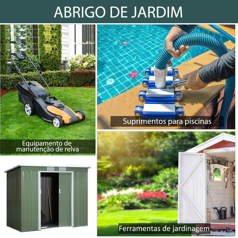 Abrigo de Jardim 213x130x173cm Abrigo de Exterior de Aço Galvanizado com Porta Corredeira e Ventilações para Armazenamento de Ferramentas Verde