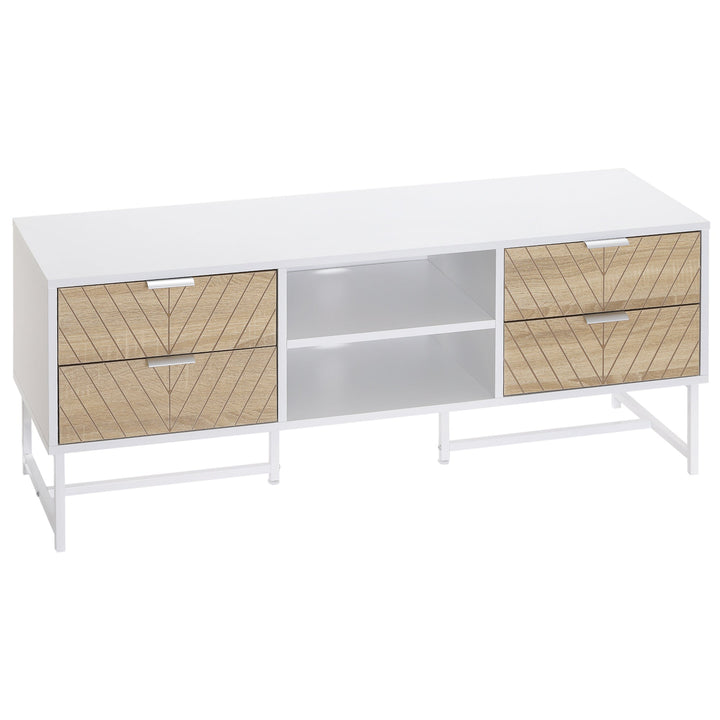 Móvel de TV de até 47 Polegadas Móvel de Sala de Estar Moderno com 4 Gavetas 2 Prateleiras Abertas e Orifício Passa Cabos 120x39x48cm Branco e Carvalho
