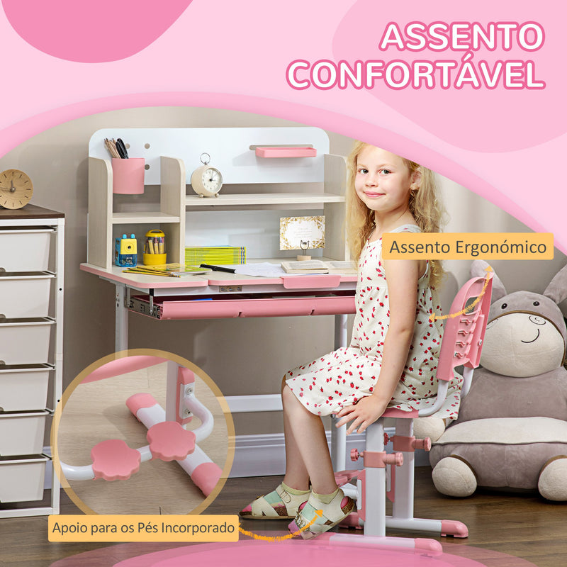 Conjunto de Secretária e Cadeira para Crianças acima de 3 Anos com Altura Ajustável Secretária Infantil com Bancada Inclinável Gaveta e Prateleira para Livros 80x52x88x109cm e 35,5x44,5x66-80cm Rosa