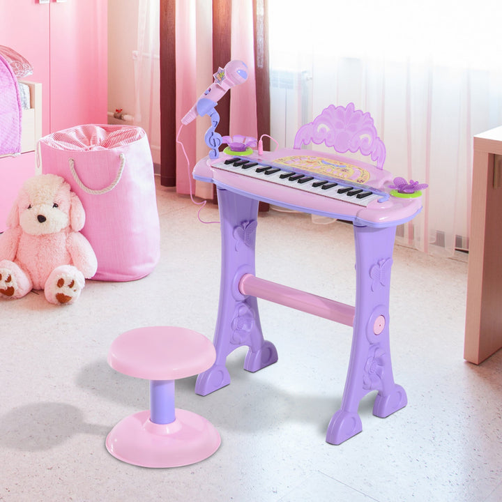 Órgão Eléctrico Infantil 37 Teclas Piano Infantil com Microfone Banquinho Luzes Ritmos Sons MP3 Karaoke Modo Aprender Rosa
