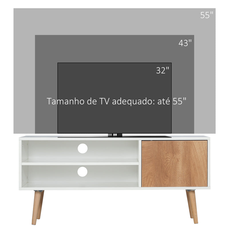 Móvel de TV Minimalista com 2 Prateleiras de Armazenamento e Armário Móvel de TV para Televisores de até 55 Polegadas para Dormitório 110x40x50cm Branco e Madeira