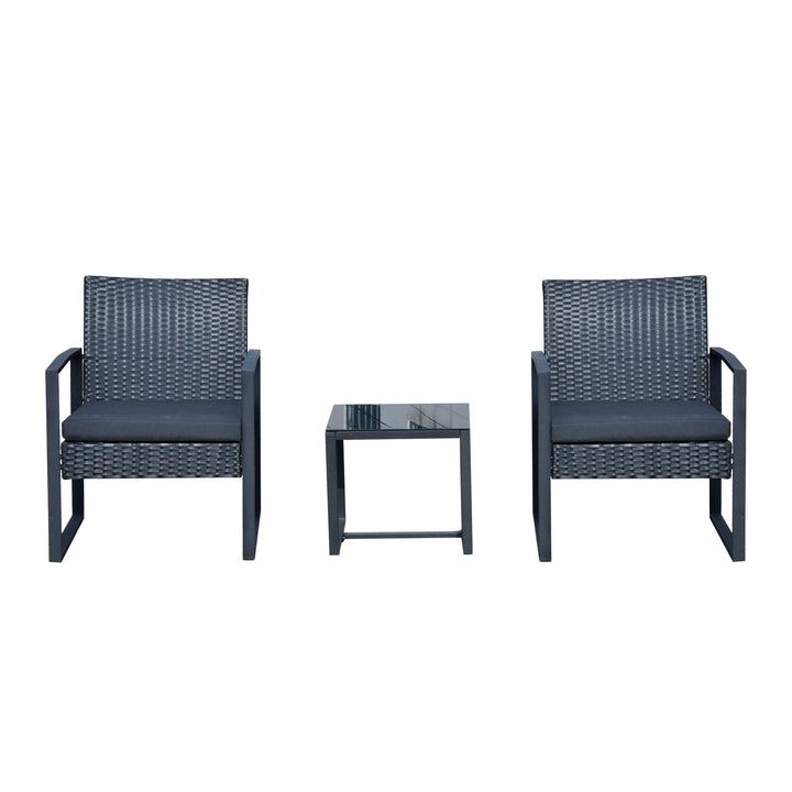 Conjunto de Móveis de Jardim de Vime 3 Peças com 1 Mesa 42,5x40x39 cm 2 Poltronas 63x57x76 cm Almofada Acolchoada para Pátio Varanda Preto