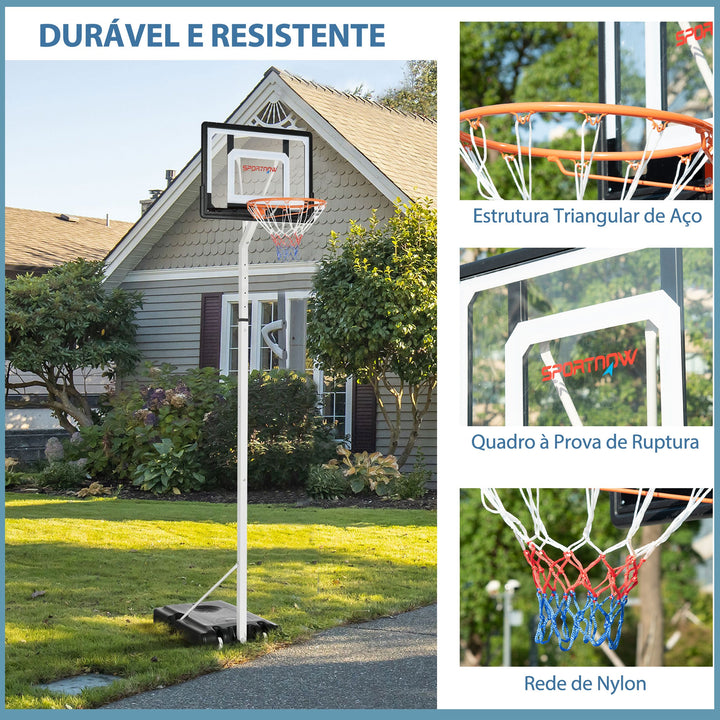 Cesta de Basquetebol com Rodas Altura Ajustável 260-305cm Cesta de Basquetebol Portátil com Tabela de PVC e Base para Exteriores 90x83x310-360cm Branco