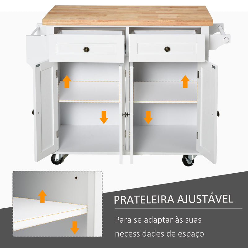 Ilha de Cozinha com Rodas Móvel Auxiliar de Cozinha com 2 Gavetas 4 Portas Suporte para Temperos e Barra Lateral 111x44,5x82,5cm Branco e Madeira