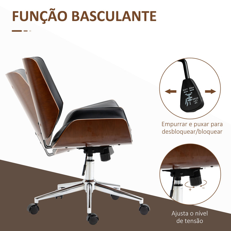 Cadeira de Escritório Giratória Cadeira de Escritório de PU com Altura Ajustável Função Inclinação e Rodas para Sala de Estar Dormitório Estúdio Carga Máxima 120kg 51x65,5x82-92cm Preto