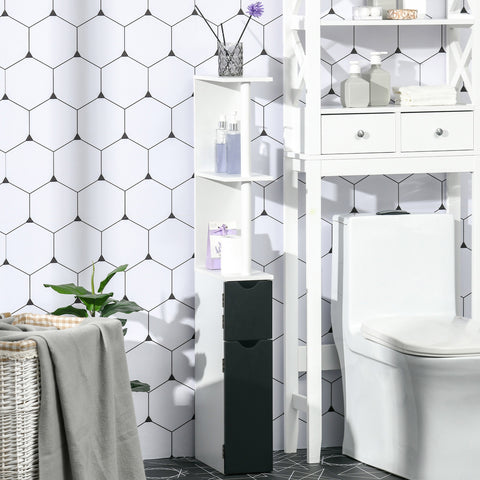 Armário Casa de Banho com 2 Portas e 2 Prateleiras Abertas Coluna Auxiliar para Casa de Banho Sala de Estar Dormitório Estilo Moderno 15,2x29,8x118cm Branco e Preto