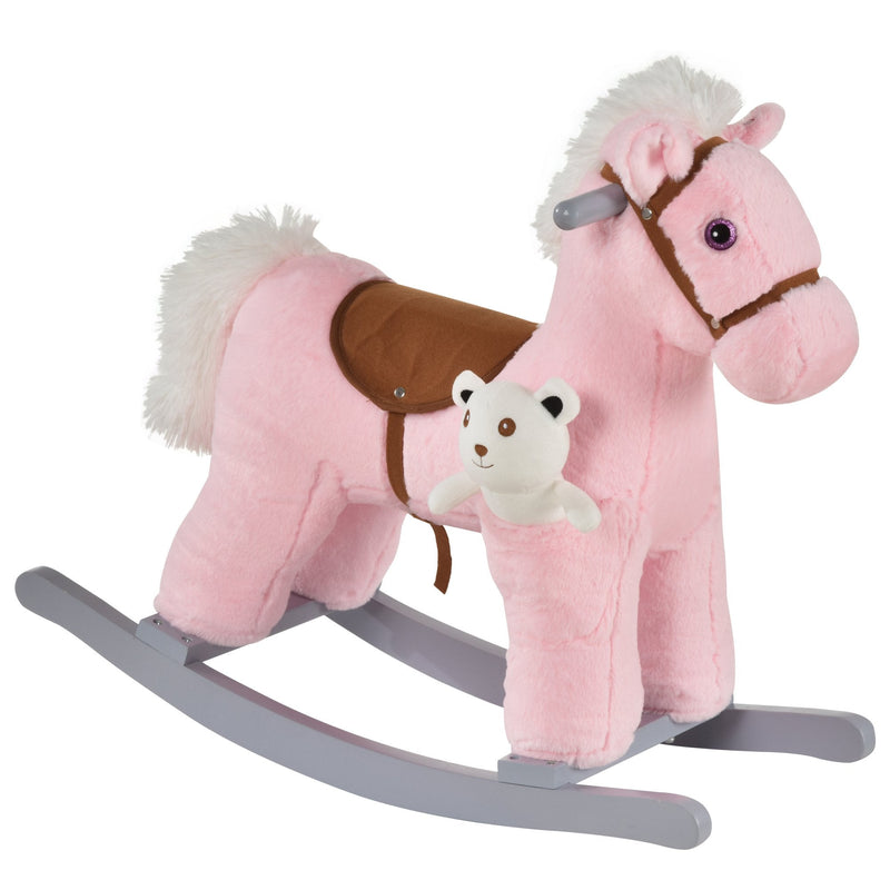 Cavalo Baloiço para Crianças de 18-36 Meses Cavalo de Balançar com Ursinho de Pelúcia Sons de Relinchos e Galopes base de Madeira 65x26x55cm Rosa