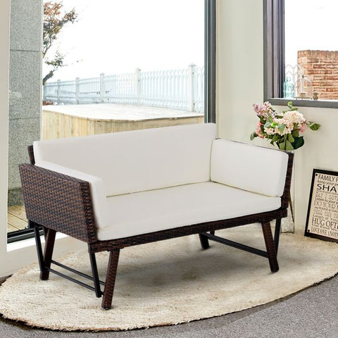Sofá de Dois Lugares Ratán Sintético Convertível en Cama Sofá de Jardim Exterior com Almofada Castanha Cadeira Móvel Mobiliário Pátio Terraço 129x66x79cm